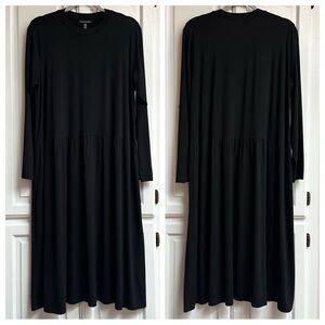 NWT Eileen Fisher Fine Jersey Shirred Dress in Black Tencel Lyocell Sz Medium